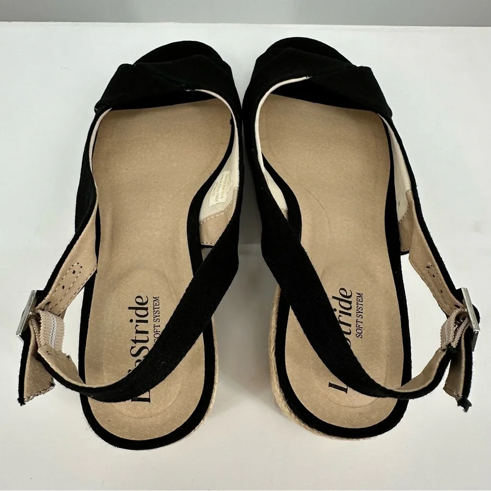 LifeStride Socialite Wedge Sandal in Black Canvas size 10W Ankle Strap Peep Toe